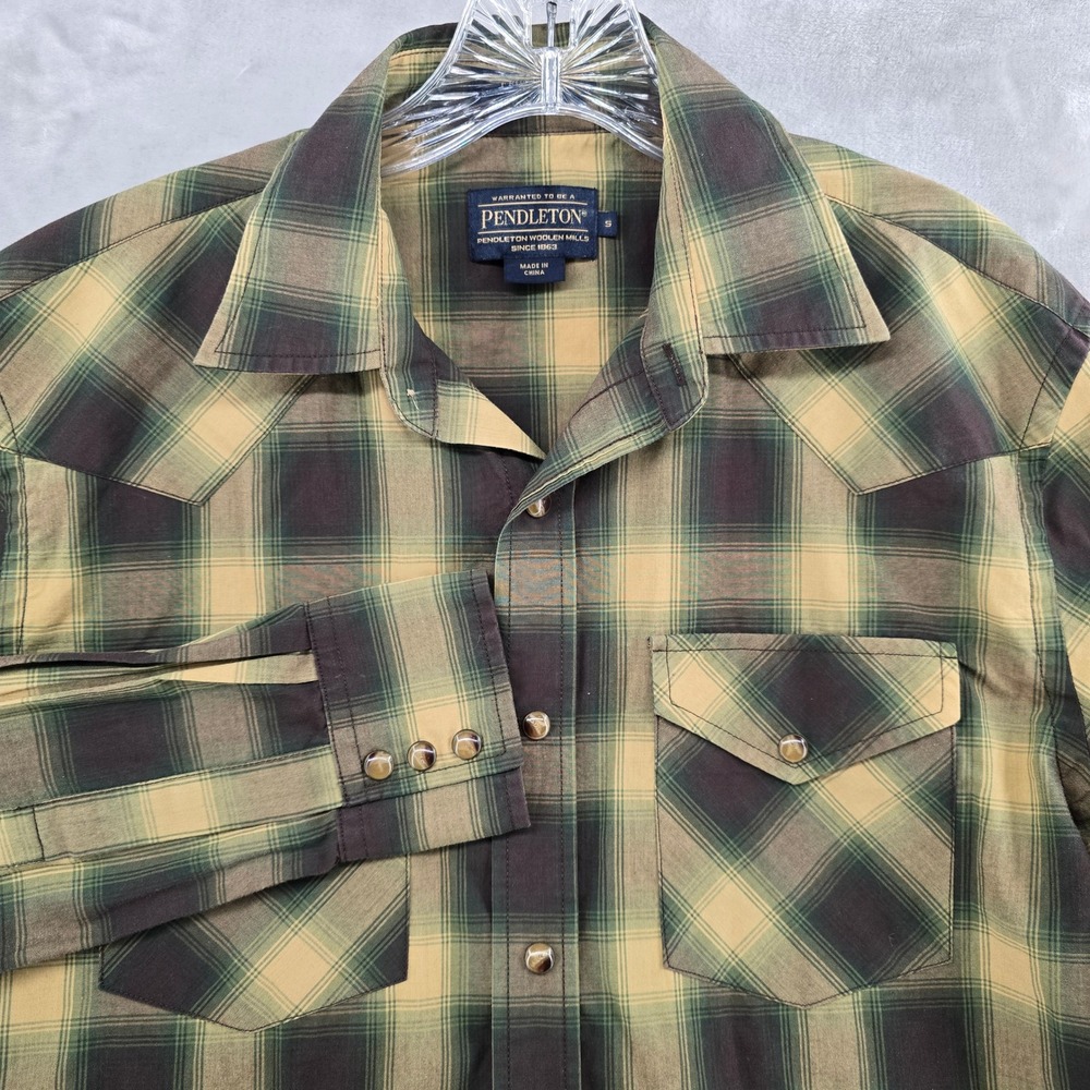 Pendleton Western Shirt Mens S Brown Green Plaid Pearl Snap Long Sleeve Cotton‎